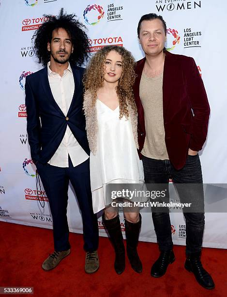 Performer Tal Wilkenfeld with musicians Tamir Barzillay and Owen Barry attend An Evening with Women benefiting the Los Angeles LGBT Center at the...