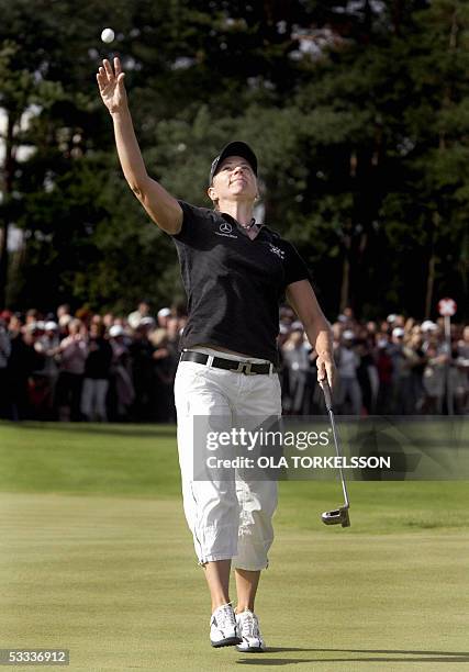 Swedish Annika Sorenstam jubilates after winning the Scandinavian TPC golf tournament at the Barseback course near Malmo, in southern Sweden, Sunday,...