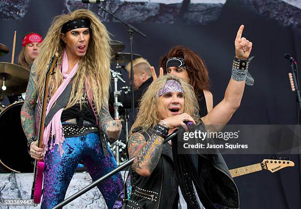 Musicians Lexxi Foxx, Michael Starr, and Satchel of Steel Panther perform at MAPFRE Stadium on May 21, 2016 in Columbus, Ohio.