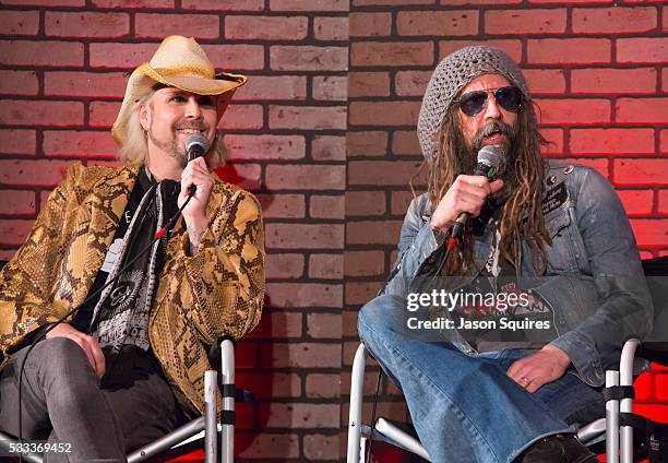 Musicians John Lowery and Rob Zombie chat in the comedy tent at MAPFRE Stadium on May 21, 2016 in Columbus, Ohio.