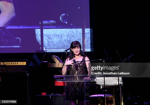 Actress Pauly Perrette speaks on stage at An Evening with Women benefiting the Los Angeles LGBT Center at the Hollywood Palladium on May 21, 2016 in...