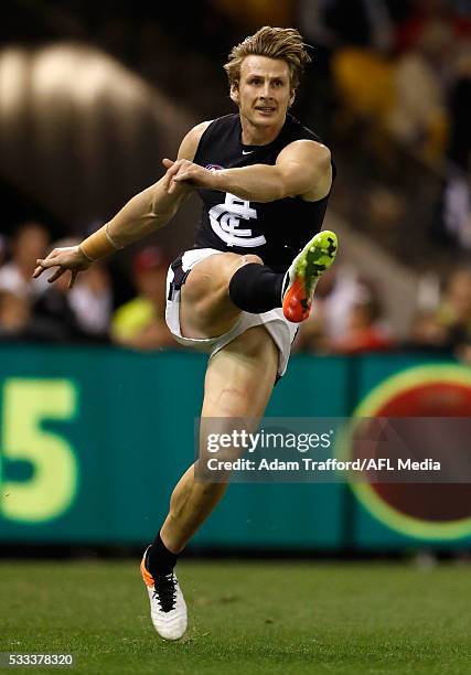 Daniel Gorringe of the Blues in action in his first game for the Blues during the 2016 AFL Round 09 match between the North Melbourne Kangaroos and...