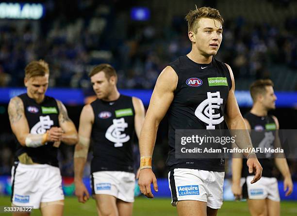 Patrick Cripps of the Blues looks dejected after a loss during the 2016 AFL Round 09 match between the North Melbourne Kangaroos and the Carlton...