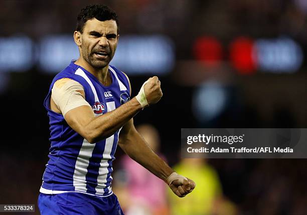 Lindsay Thomas of the Kangaroos celebrates a goal during the 2016 AFL Round 09 match between the North Melbourne Kangaroos and the Carlton Blues at...