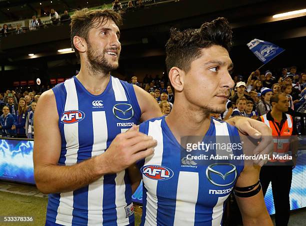 Jarrad Waite and Robin Nahas of the Kangaroos celebrate during the 2016 AFL Round 09 match between the North Melbourne Kangaroos and the Carlton...