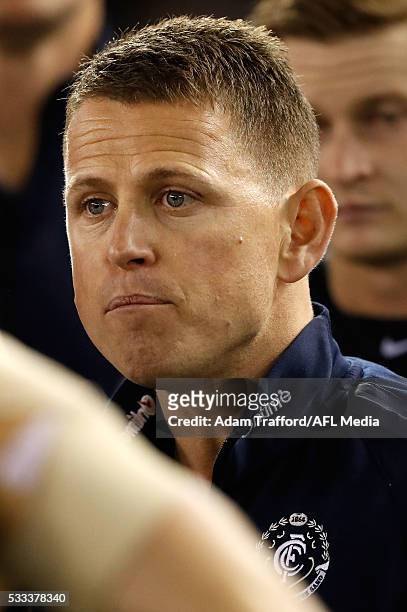 Brendon Bolton, Senior Coach of the Blues addresses his players during the 2016 AFL Round 09 match between the North Melbourne Kangaroos and the...