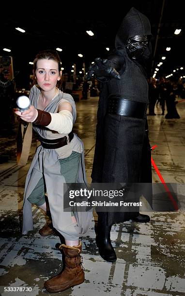 Cosplayers dressed as Rey and Kylo Ren of Star Wars The Force Awakens attend Film & Comic Con Manchester at Event City on May 21, 2016 in Manchester,...