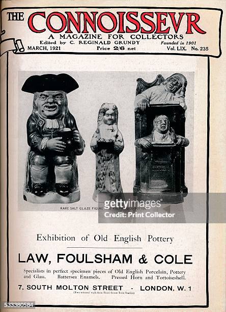 Cover of The Connoisseur' , from 'The Connoisseur Vol LIX' , 1921. Featuring a photograph of a rare salt glaze figure and examples of Ralph Wood...