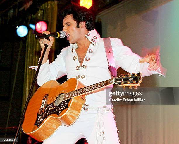 Elvis Presley impersonator Donny Edwards of Nevada performs during opening night of the International Guild of Celebrity Impersonators & Tribute...