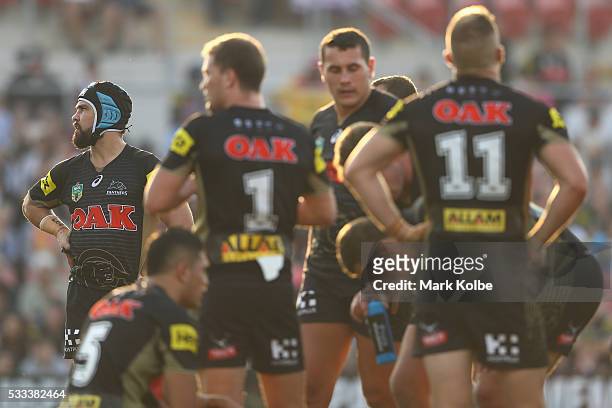 Jamie Soward of the Panthers looks dejected after a Titan try during the round 11 NRL match between the Penrith Panthers and the Gold Coast Titans at...