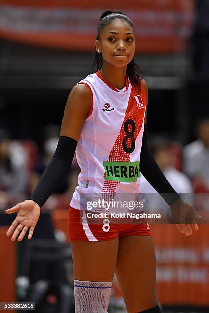 Maguilaura Frias of Peru looks on during the Women's World Olympic Qualification game between Thailand and Peru at Tokyo Metropolitan Gymnasium on...