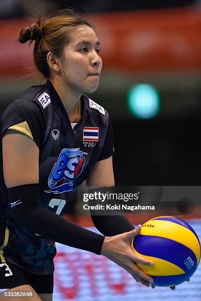 Pornpun Guedpard of Thailand serves the ball during the Women's World Olympic Qualification game between Thailand and Peru at Tokyo Metropolitan...