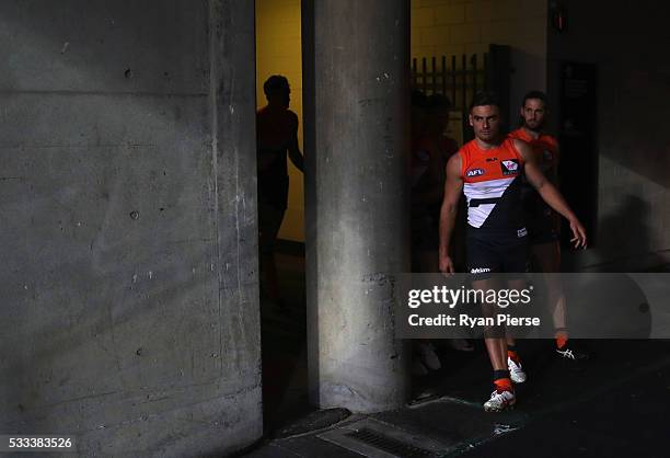 Stephen Coniglio and Callan Ward of the Giants lead their team out during the round nine AFL match between the Greater Western Sydney Giants and the...