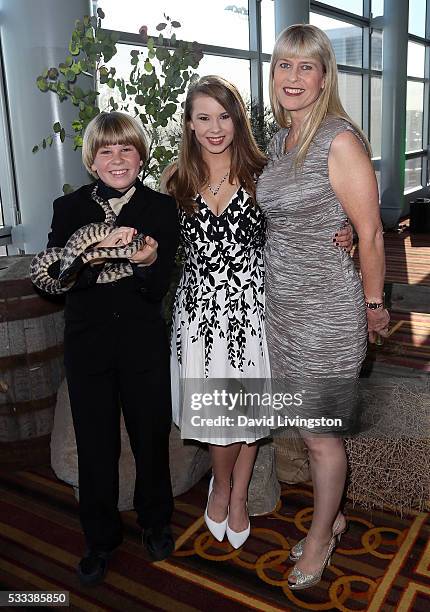 Robert Irwin, TV personality Bindi Irwin and naturalist Terri Irwin attend the Steve Irwin Gala Dinner at JW Marriott Los Angeles at L.A. LIVE on May...