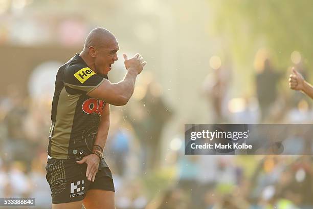 Leilani Latu of the Panthers celebrates scoring a try during the round 11 NRL match between the Penrith Panthers and the Gold Coast Titans at Pepper...