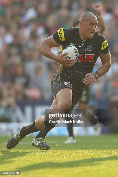 Leilani Latu of the Panthers runs the ball during the round 11 NRL match between the Penrith Panthers and the Gold Coast Titans at Pepper Stadium on...