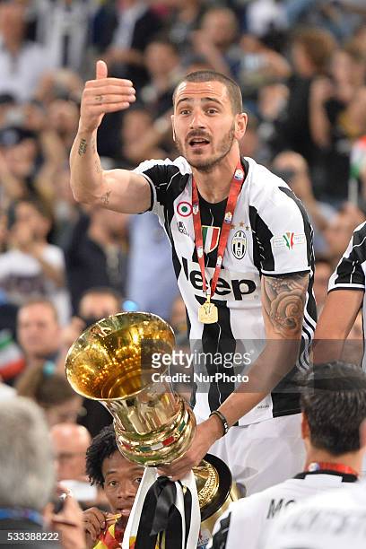Leonardo Bonucci of Juventus FC celebrates after winning the TIM Cup final match against AC Milan at Stadio Olimpico on May 21, 2016 in Rome, Italy.