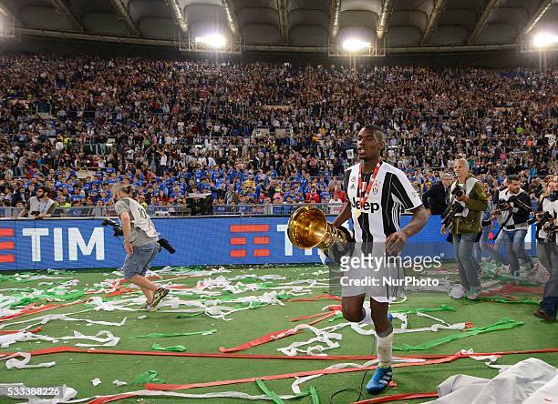 Paul Pogba celebrates the victory of the Tim Cup - match F.C. Juventus vs A.C. Milan at the Olympic Stadium in Rome, on May 21, 2016.