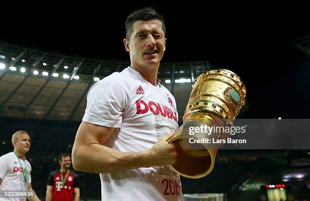 Robert Lewandowski is seen after winning during the DFB Cup Final 2016 between Bayern Muenchen and Borussia Dortmund at Olympiastadion on May 21,...