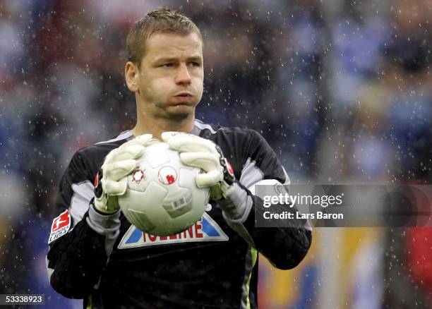 Goalkeeper Georg Koch is seen during the Bundesliga match between MSV Duisburg and VFB Stuttgart at the MSV Arena on August 6, 2005 in Duisburg,...