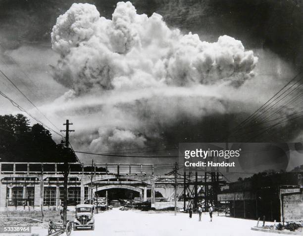 The radioactive plume from the bomb dropped on Nagasaki City, as seen from 9.6 km away, in Koyagi-jima, Japan, August 9, 1945. The US B-29...