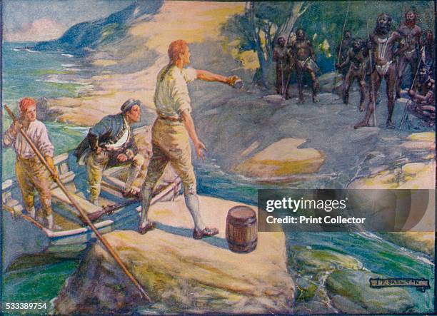 Natives Gathered Round Them' , from 'Our Empire Story,' by HE Marshall , c1920. Captain Matthew Flinders , English navigator and cartographer, who...