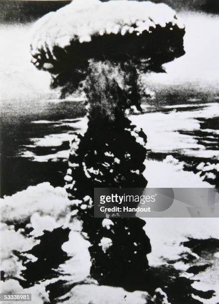 Photograph of the atomic bomb dropped in Nagasaki shows how it exploded 500m above ground at the city's memorial museum in Nagasaki on August 8, 2005...