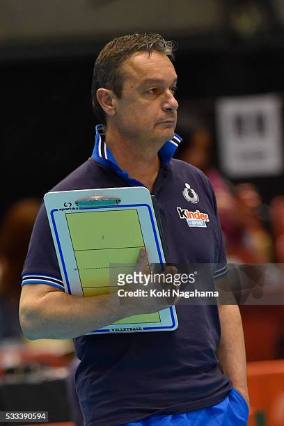 Head coach of Italy Marco Bonitta looks on during the Women's World Olympic Qualification game between Italy and Kazakhstan at Tokyo Metropolitan...