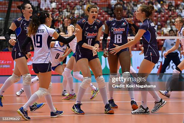 Players of Italy celebrates a point during the Women's World Olympic Qualification game between Italy and Kazakhstan at Tokyo Metropolitan Gymnasium...