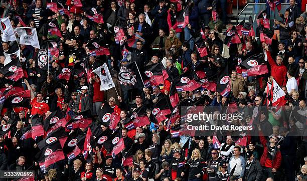 Saracens fans celebrate during the Aviva Premiership semi final match between Saracens and Leicester Tigers at Allianz Park on May 21, 2016 in...