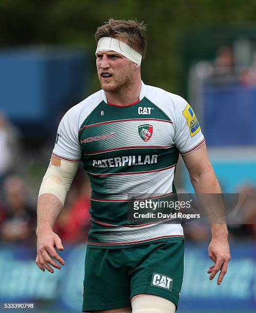 Brendan O'Connor of Leicester looks on during the Aviva Premiership semi final match between Saracens and Leicester Tigers at Allianz Park on May 21,...