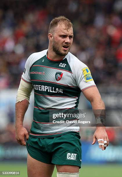 Lachlan McCaffrey of Leicester looks on during the Aviva Premiership semi final match between Saracens and Leicester Tigers at Allianz Park on May...