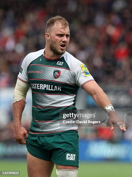 Lachlan McCaffrey of Leicester looks on during the Aviva Premiership semi final match between Saracens and Leicester Tigers at Allianz Park on May...