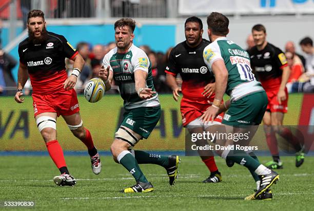 Mike Fitzgerald of Leicester passes the ball during the Aviva Premiership semi final match between Saracens and Leicester Tigers at Allianz Park on...