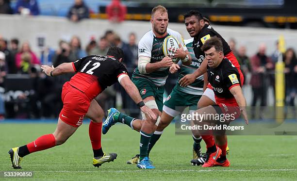 Lachlan McCaffrey of Leicester breaks with the ball during the Aviva Premiership semi final match between Saracens and Leicester Tigers at Allianz...
