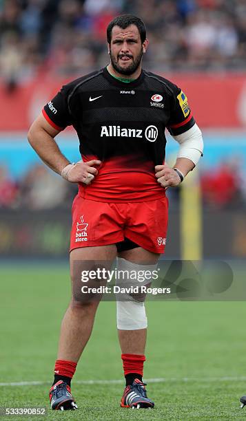 Juan Figallo of Saracens looks on during the Aviva Premiership semi final match between Saracens and Leicester Tigers at Allianz Park on May 21, 2016...