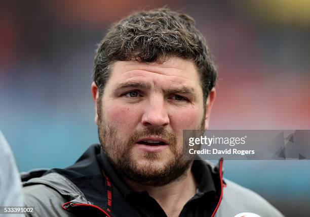 Ian Peel, the Saracens scrum coach looks on during the Aviva Premiership semi final match between Saracens and Leicester Tigers at Allianz Park on...
