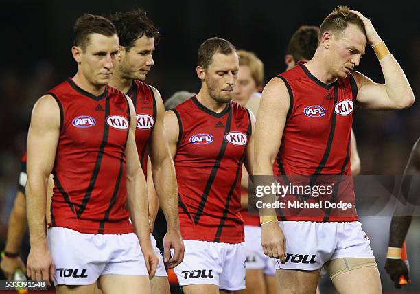 Brendon Goddard of the Bombers looks dejected after defeat during the round nine AFL match between the St Kilda Saints and the Essendon Bombers at...