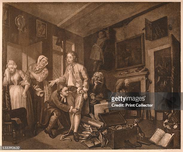 Rake's Progress'; scene I' , from 'William Hogarth,' by Austin Dobson , 1904. Tom Rakewell is taking possession of his miserly father's effects....