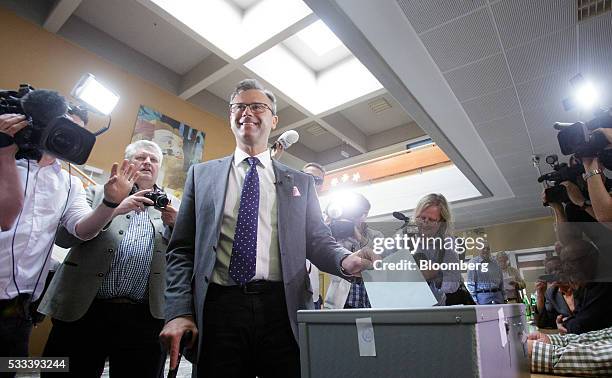 Norbert Hofer, member of Austria's Freedom party and presidential candidate, casts his vote into a ballot box in Pinkafeld, Austria, on Sunday, May...