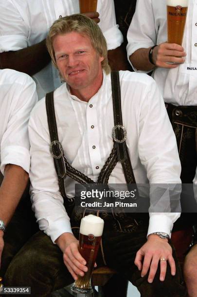 Oliver Kahn smiles during a photo session of Bayern Munich on August 8, 2005 in Munich, Germany. Bayern Munich Team are fitted out in traditional...