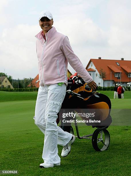 Moderator Sonja Zietlow smiles during the Adidas Golf Tournament at the Golfclub Herzogenaurach on August 8, 2005 in Herzogenaurach, Germany.