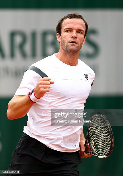 Teymuraz Gabashvili of Russia reacts during the Mens Single first round match against Donald Young of the United States on day one of the 2016 French...