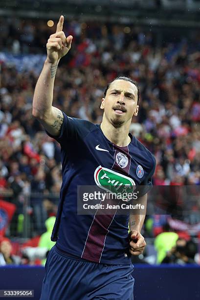 Zlatan Ibrahimovic of PSG celebrates his second goal during the French Cup Final match between Paris Saint-Germain and Olympique de Marseille at...