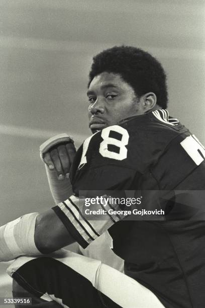 Defensive lineman Dwight White of the Pittsburgh Steelers sits on his helmet on the sideline during a preseason game against the New York Jets at...