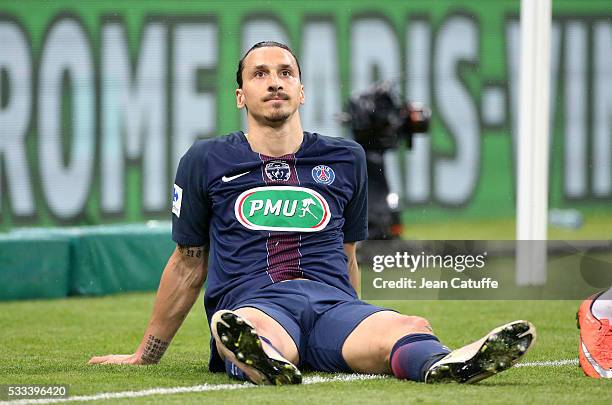 Zlatan Ibrahimovic of PSG looks on during the French Cup Final match between Paris Saint-Germain and Olympique de Marseille at Stade de France on May...