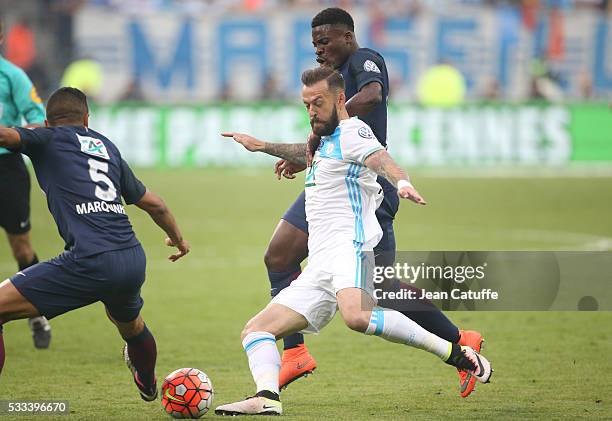 Steven Fletcher of OM and Serge Aurier of PSG in action during the French Cup Final match between Paris Saint-Germain and Olympique de Marseille at...