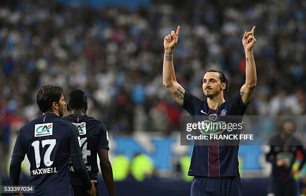 Paris Saint-Germain's Swedish forward Zlatan Ibrahimovic celebrates after scoring a goal during the French Cup final football match beween Marseille...