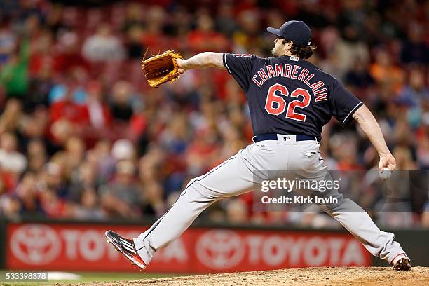 Joba Chamberlain of the Cleveland Indians throws a pitch during the game against the Cincinnati Reds at Great American Ball Park on May 18, 2016 in...