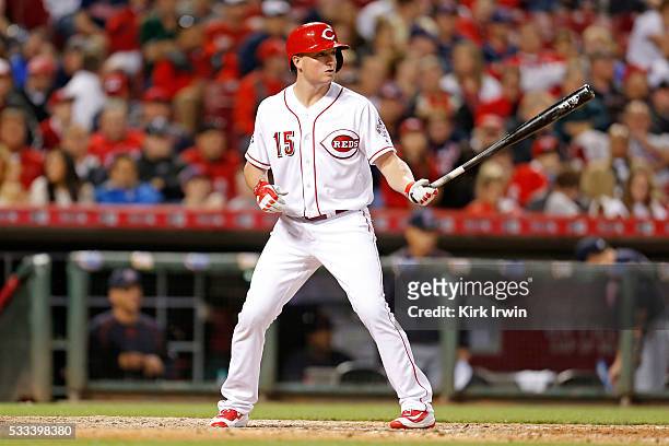 Jordan Pacheco of the Cincinnati Reds takes an at bat during the game against the Cleveland Indians at Great American Ball Park on May 18, 2016 in...